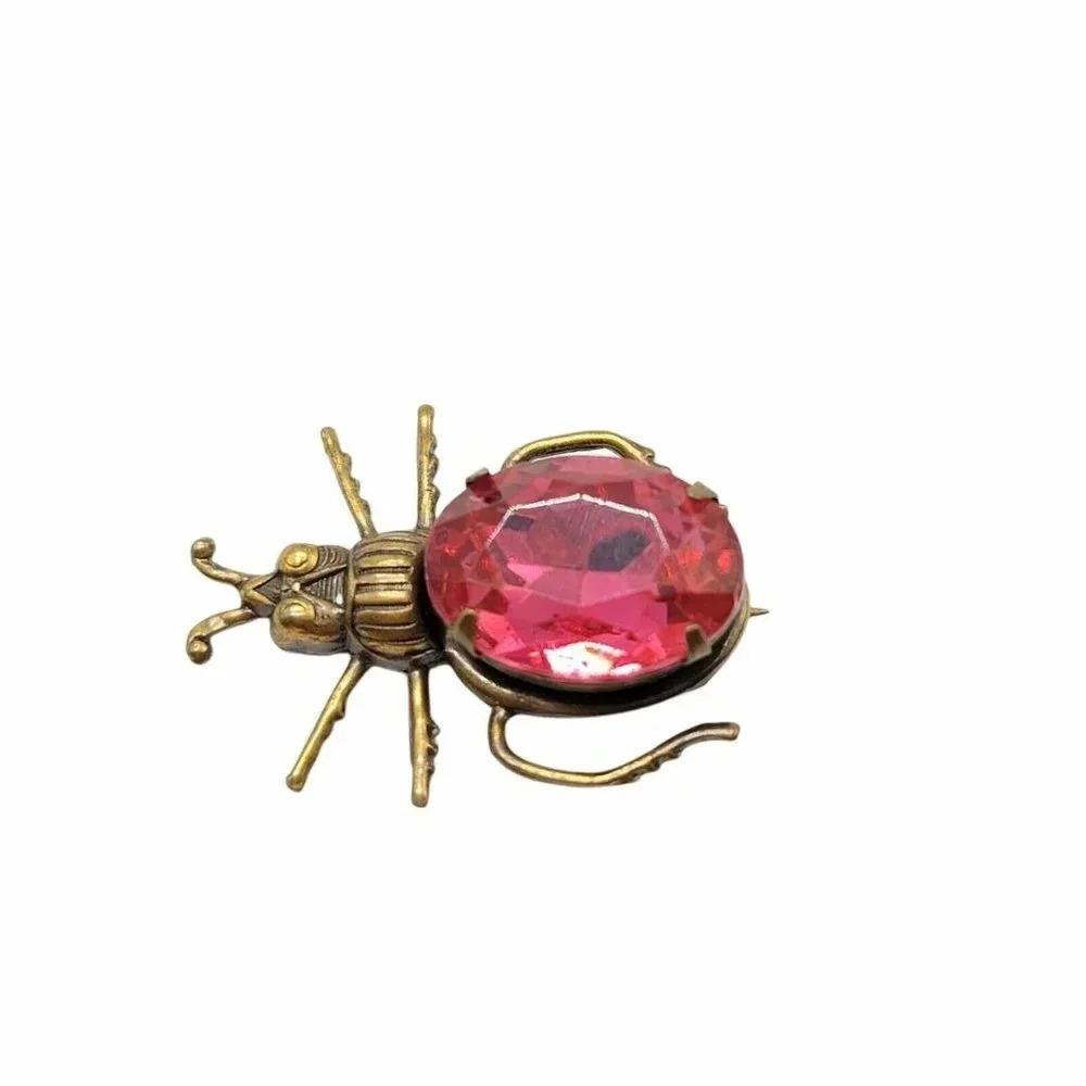 Sadie Green Brass Beetle Insect Pink Glass Pin Bro